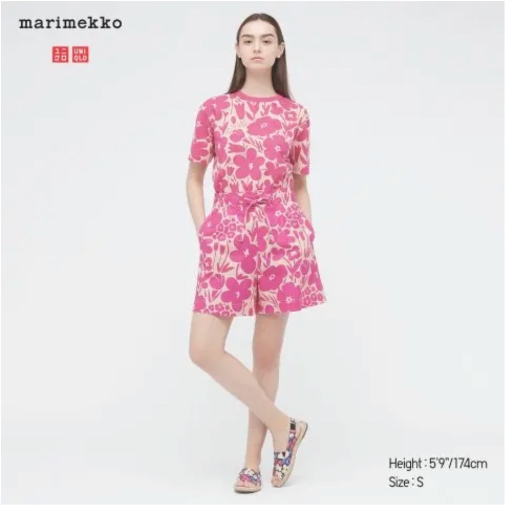 Marimekko Uniqlo collab cream and pink floral tee and shorts coord set NWT